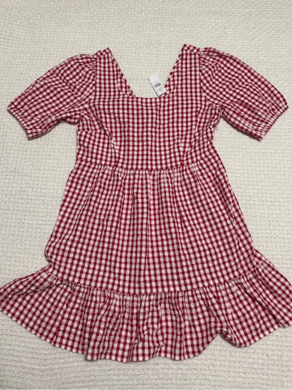 LOFT Red and White Gingham Square-Neck Dress